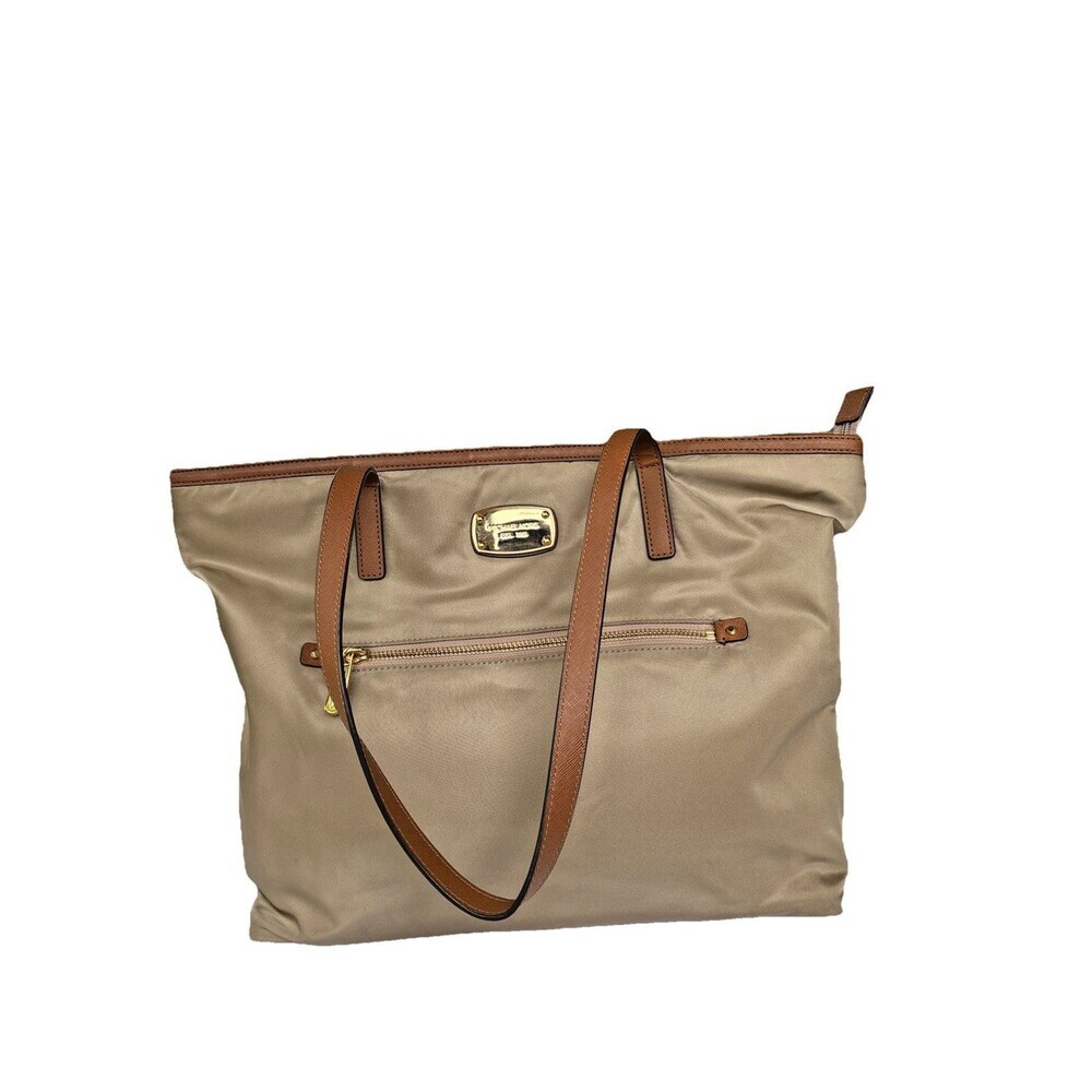 Michael Kors Montauk Nylon & Leather Shoulder Bag Purse Khaki Tan  gold hardware
